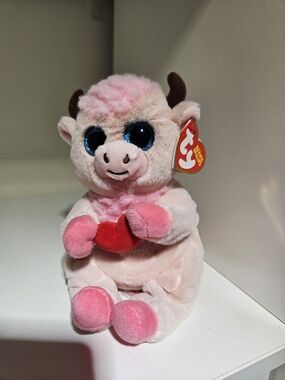 Ty Pink Plush Cow with Blue Eyes and Red Heart